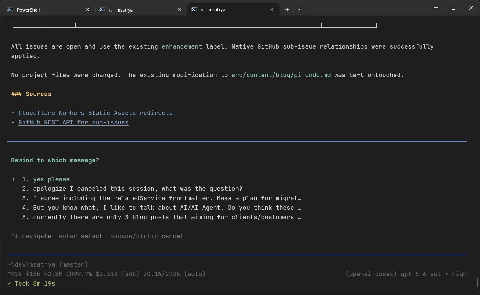 Using rewind to restore an earlier Pi checkpoint