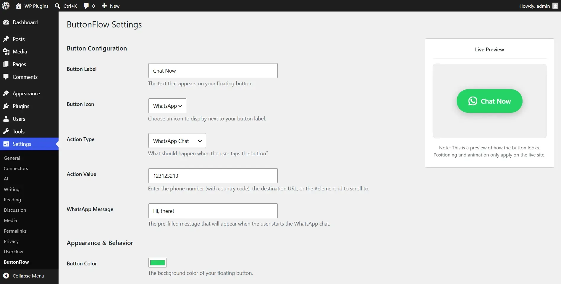 ButtonFlow settings in WordPress showing the Chat Now label, WhatsApp icon, WhatsApp Chat action, example number, pre-filled message, and live preview