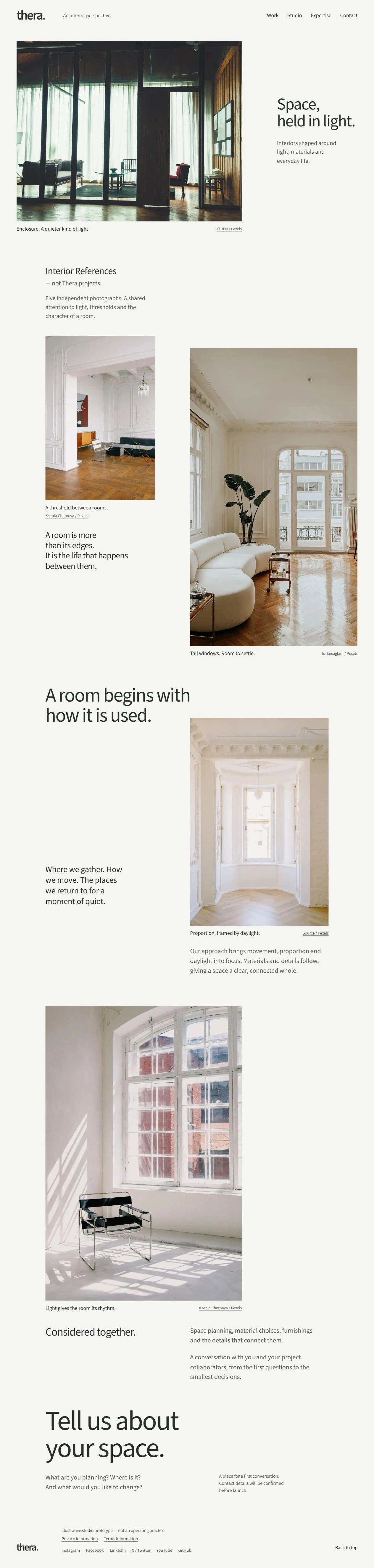 Thera homepage: a timber-framed interior beside the headline Space, held in light, followed by photography-led editorial layouts