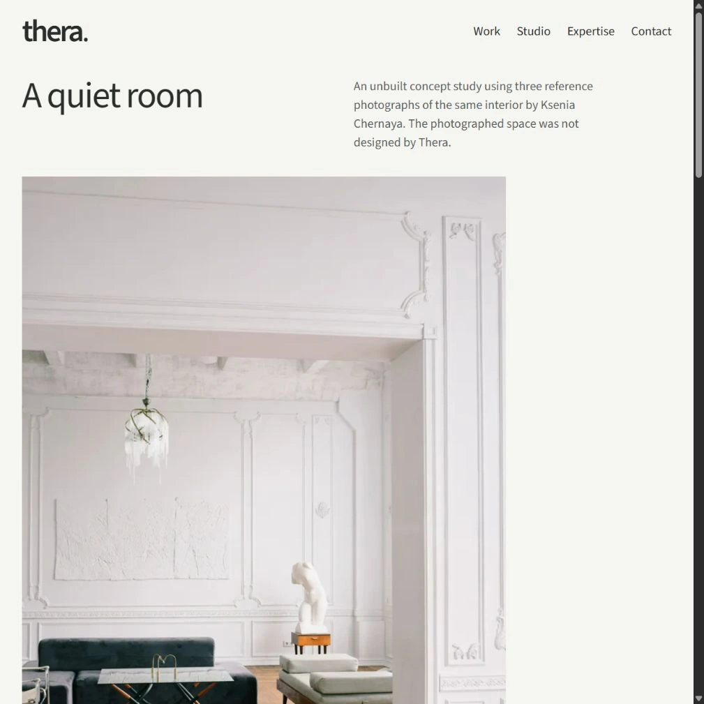 Thera project page A quiet room, with a concept-study introduction and large interior photograph